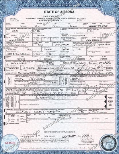 USA state Arizona death certificate template in PSD format